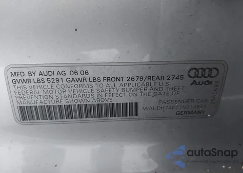 2007 Audi A6 3.2 from USA, damaged, VIN WAUDH74F77N014845